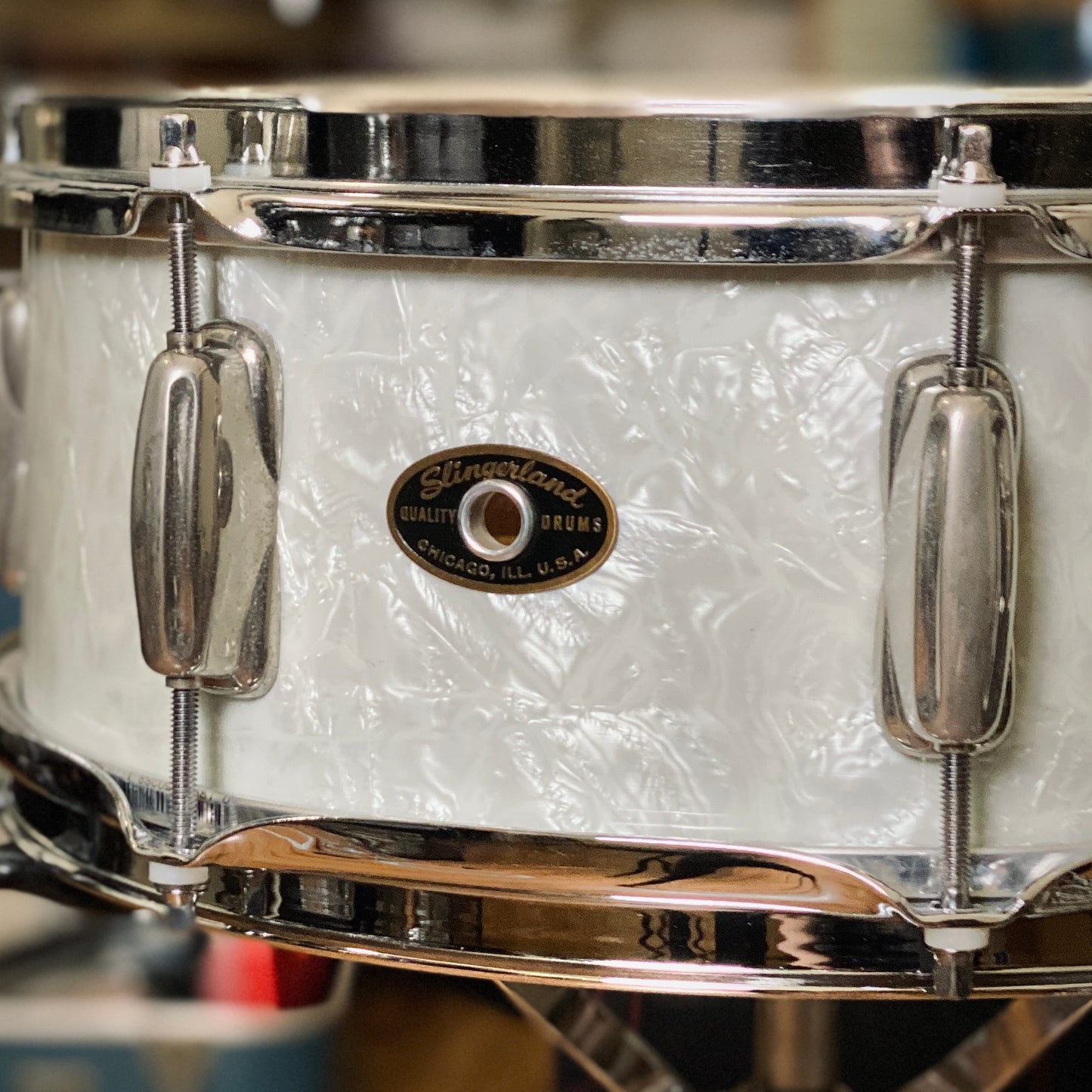 Slingerland 5.5x14 8-Lug Special Student Snare Drum – White Marine Pearl (1956–1959)