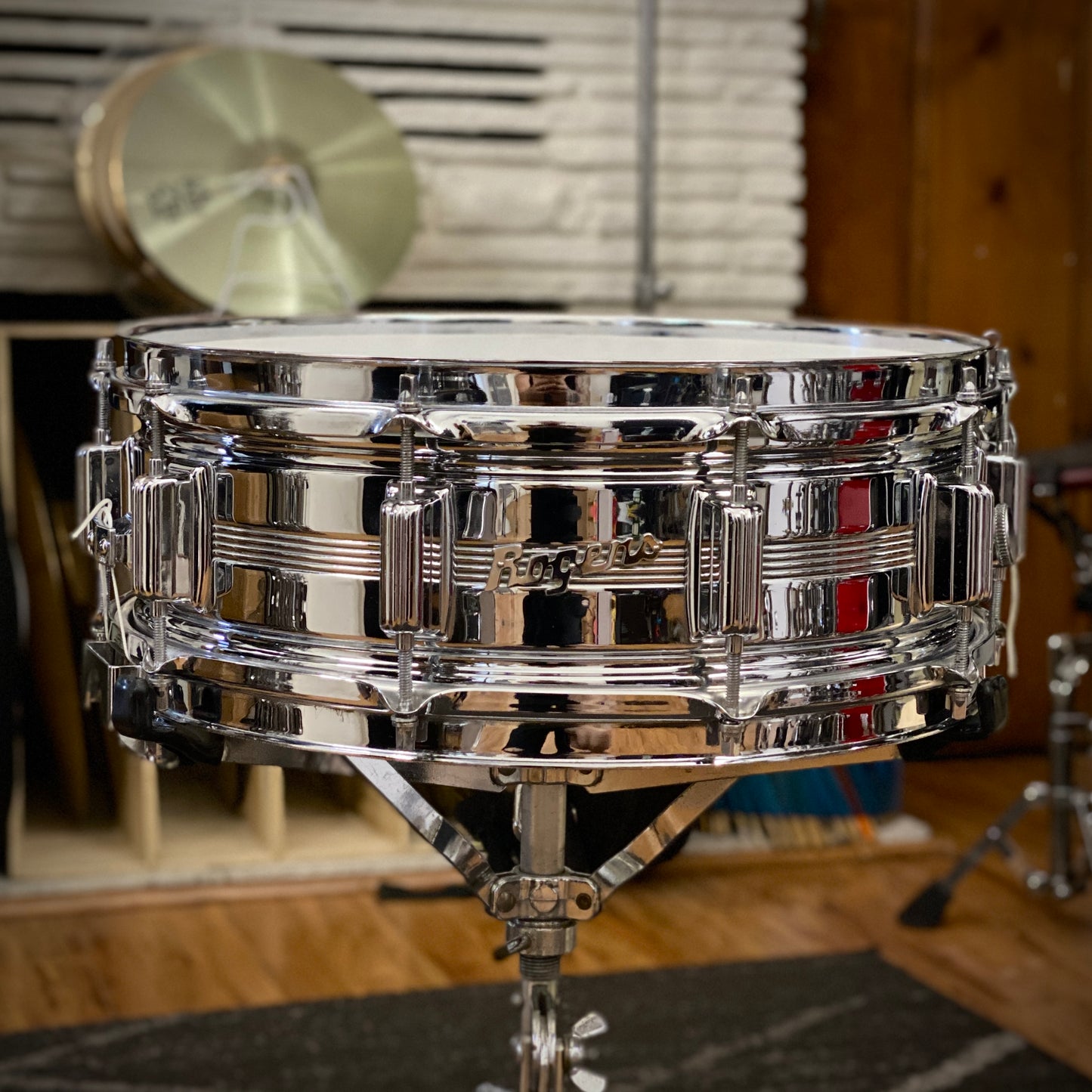 Rogers 5x14 Dyna-Sonic 5-Line Chrome Over Brass Snare Drum 1970s