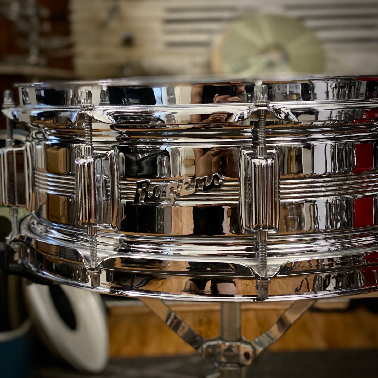 Rogers 5x14 Dyna-Sonic 5-Line Chrome Over Brass Snare Drum 1970s