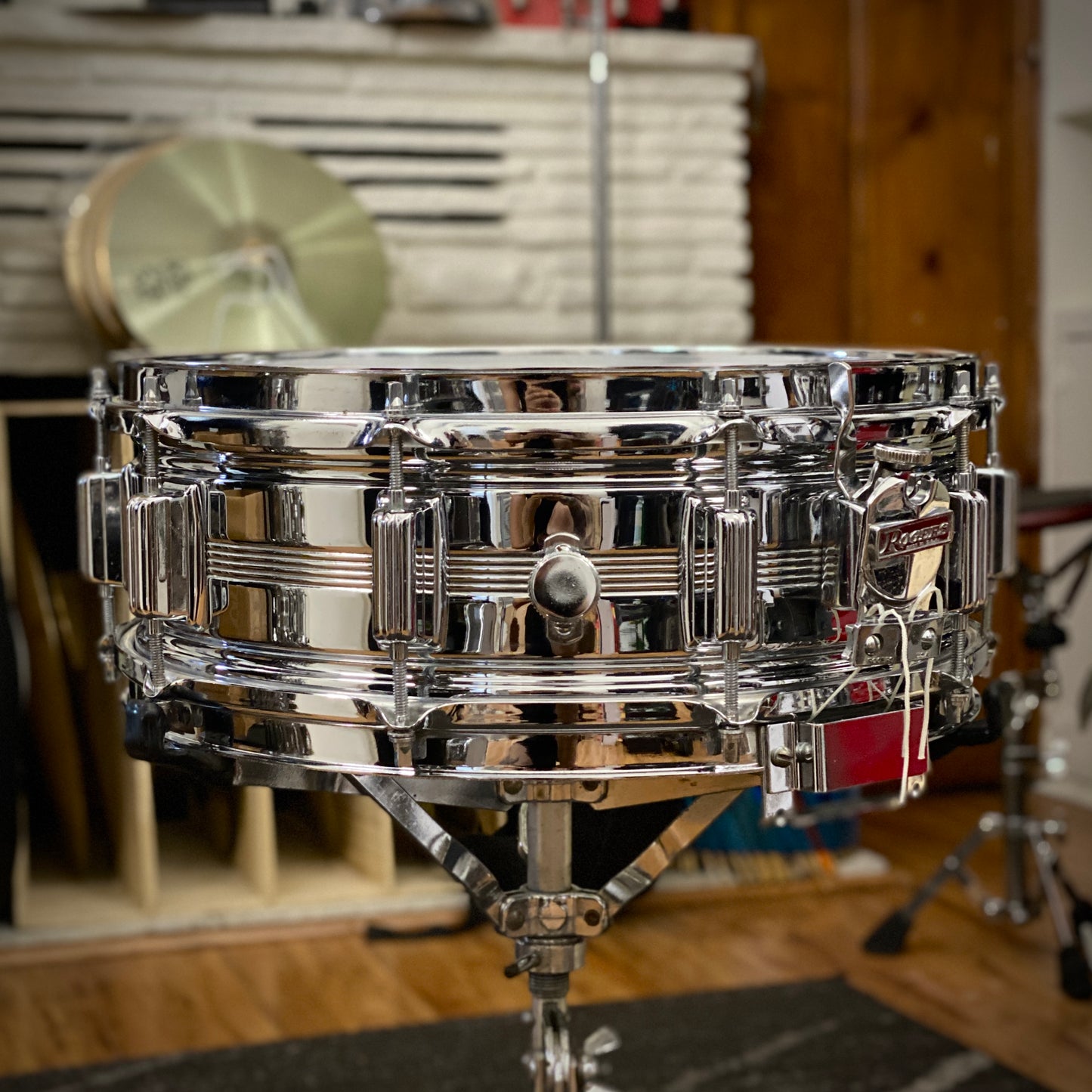Rogers 5x14 Dyna-Sonic 5-Line Chrome Over Brass Snare Drum 1970s