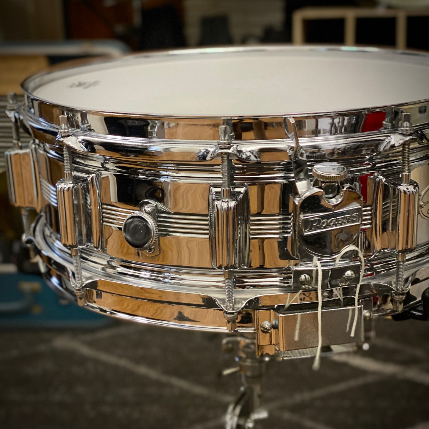 Rogers 5x14 Dyna-Sonic 5-Line Chrome Over Brass Snare Drum 1970s