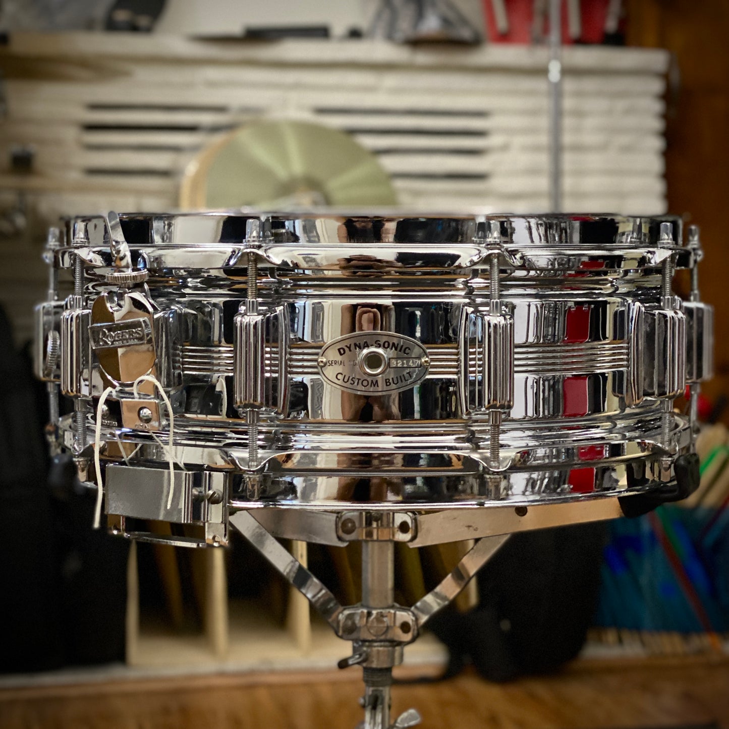 Rogers 5x14 Dyna-Sonic 5-Line Chrome Over Brass Snare Drum 1970s