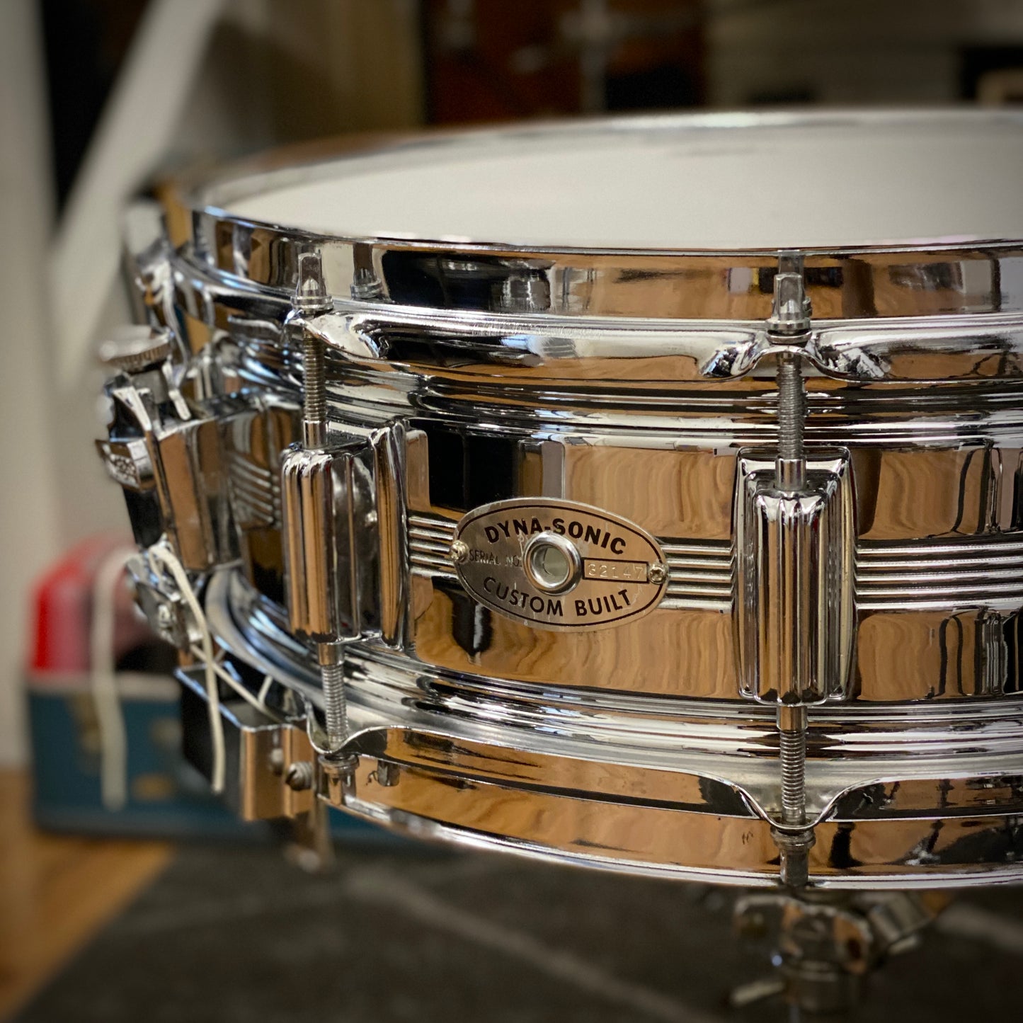 Rogers 5x14 Dyna-Sonic 5-Line Chrome Over Brass Snare Drum 1970s