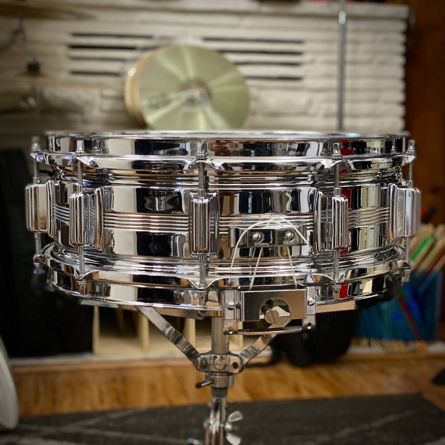 Rogers 5x14 Dyna-Sonic 5-Line Chrome Over Brass Snare Drum 1970s